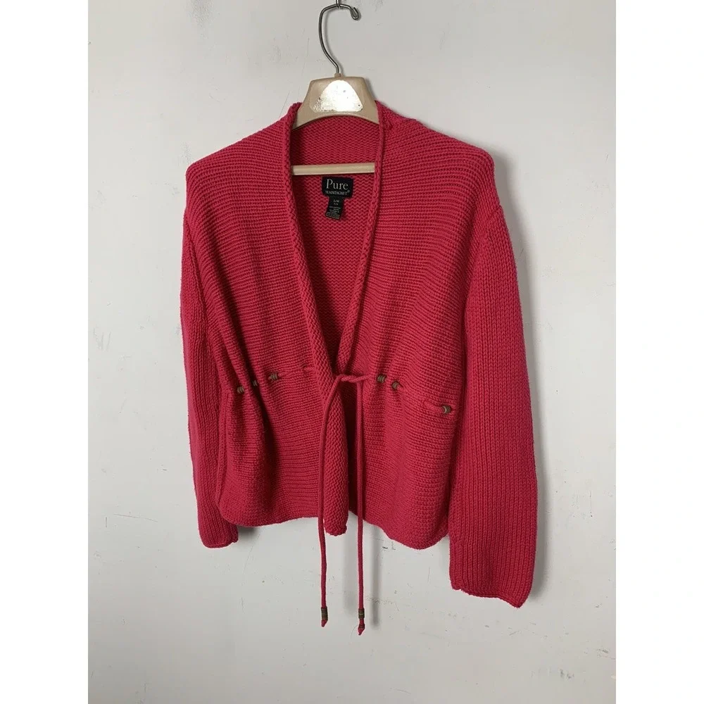 Pure‎ Handknit Womens Cardigan Small Pink Wrap Cozy Valentines Day Chunky Knit